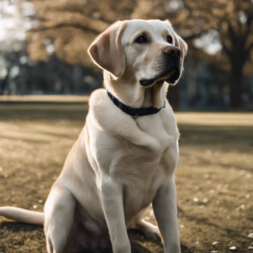 cinematic image of a labrador, sitting in a park.